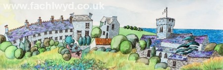 Painting of the Church and Hill Head Cottages, Llantwit Major by artist Martin Kaye
