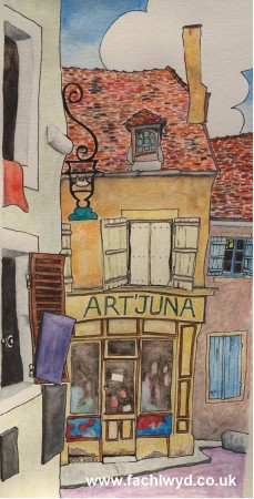 Painting of shop, Art'Juna, France by artist Martin Kaye