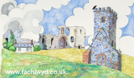 Painting of the Edward Gate Denbigh Castle by artist Martin Kaye